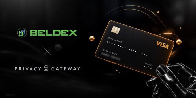 A promotional banner for BELDEX (BDX) featuring a black Visa card with golden highlights held by a dark statue hand, branded as 'PRIVACY GATEWAY.'