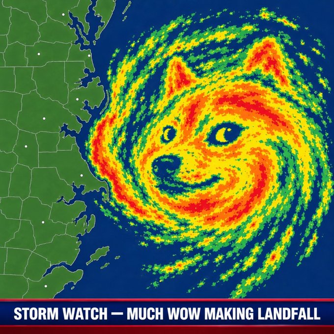 A weather radar image shows a storm off the East Coast of the US with a doge-like face pattern in the center, captioned 'STORM WATCH — MUCH WOW MAKING LANDFALL'.