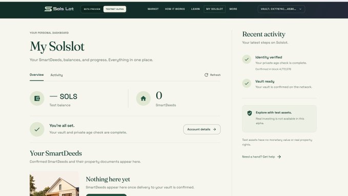A screenshot of a Solslot dashboard interface titled 'My Solslot' showing a test balance of SOLS, zero SmartDeeds, and a 'Recent activity' panel confirming identity verification.