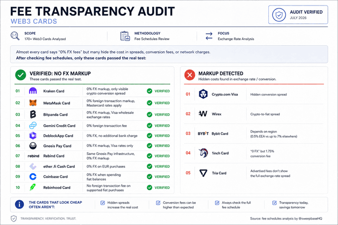 The image is a "FEE TRANSPARENCY AUDIT" infographic verifying which Web3 cards truly have "0% FX fees," with only 10 verified (including Kraken, MetaMask, Bitpanda, Gemini, Deblock, Gnosis Pay, Rebind, Ether.Cash, Coinbase, and Robinhood) versus 5 detected with hidden markups (Crypto.com, Wirex, Bybit, 1inch, and Tria Card). It visually supports the post's claim that while most cards advertise "0% FX fees," only these verified ones like the Kraken Card passed the real fee-schedule audit.