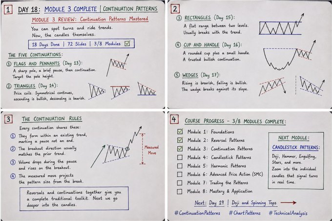 Handwritten notes titled 'DAY 18: MODULE 3 COMPLETE | CONTINUATION PATTERNS' covering chart patterns like Flags, Pennants, Triangles, Rectangles, Cup and Handle, and Wedges, with course progress showing 3/8 modules complete and next module on Candlestick Patterns.