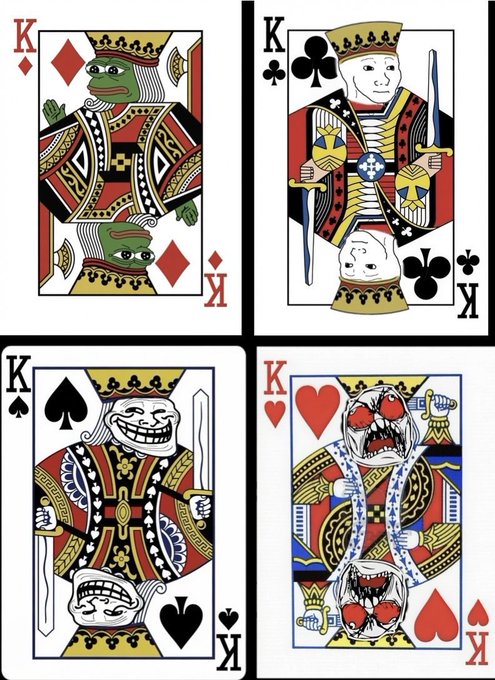 Four playing card-style Kings labeled K♦, K♣, K♠, and K♥ are displayed in a grid, each with a stylized, meme-like face. The imagery ties into the post's theme of "2 KINGS on ETH" and "2 KINGS on SOL" ruling over "meme land," using the four kings to represent the dual kingship across both blockchain ecosystems.