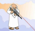 A pixel art depiction of a Jedi-like character in white robes holding a red lightsaber.