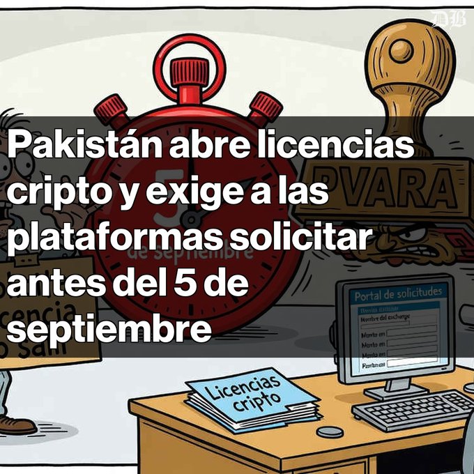 An illustration with Spanish text reading "Pakistán abre licencias cripto y exige a las plataformas solicitar antes del 5 de septiembre," featuring a stopwatch, a stamp, and a computer displaying a crypto license application portal.