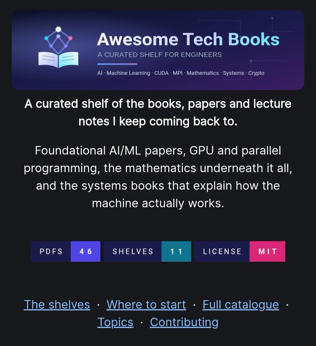The image shows a GitHub repository banner titled "Awesome Tech Books," featuring a curated shelf of 46 PDFs across 11 shelves under an MIT license, covering topics like AI, Machine Learning, CUDA, MPI, Mathematics, Systems, and Crypto. The post highlights how this repo organizes 46 foundational tech books into structured learning paths across AI, math, CUDA, and systems—directly reflecting the "PDFS 46 · SHELVES 11" stats shown in the image.