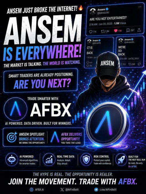 A promotional graphic for the trading platform AFBX featuring the crypto influencer Ansem (@blknoiz06), with the slogan 'ANSEM IS EVERYWHERE!' and hashtags including 'WE'RE SO BACK' and 'CT IS BACK'.