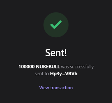 A confirmation screen shows that 100,000 $NUKEBULL was successfully sent to wallet “Hp3y…VBVh,” with a “View transaction” link. It verifies the airdrop claim described in the accompanying $NUKEBULL post.