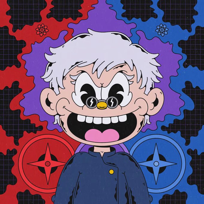 A cartoon illustration of a wide-eyed character with white hair, gritted teeth, and lightning bolt pupils, set against a red and blue patterned background with atom symbols.