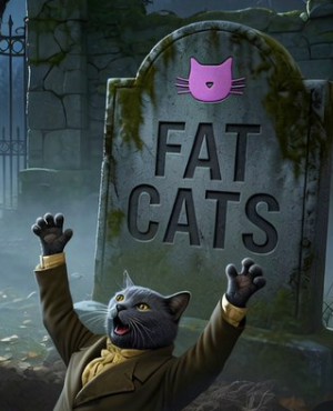 A startled cat dressed in a suit cowers before a tombstone inscribed "FAT CATS," topped with a small pink cat logo, visually playing on the post's playful "They're Alive!!!" announcement about the Fat Cats NFT collection reviving on Songbird's Flare Network via the Digital Dynamix Marketplace.