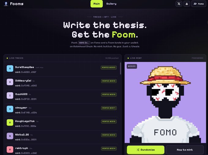 A web interface titled 'Foons' with the tagline 'Write the thesis. Get the Foom.' displays a 'LIVE THESIS' list on the left and a 'LIVE MINT' section on the right featuring pixel art of Luffy wearing a 'FOMO' shirt.