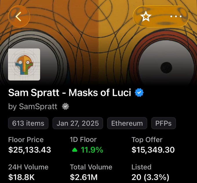 A digital art collection listing for 'Sam Spratt - Masks of Luci' by SamSpratt shows 613 items on Ethereum with a floor price of $25,133.43 and a top offer of $15,349.30.