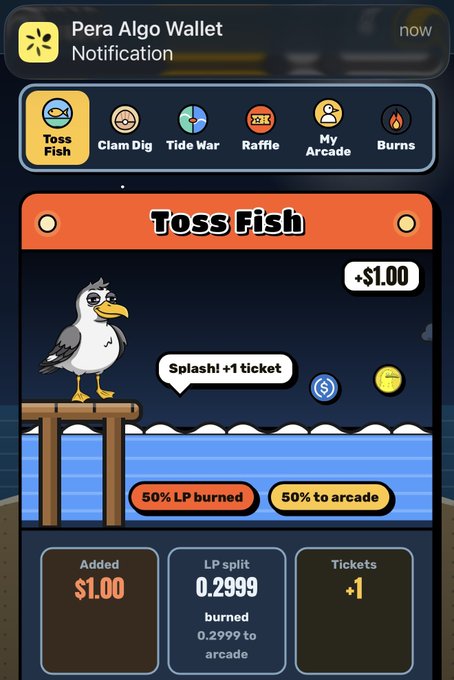 A screenshot of the Pera Algo Wallet mobile app showing a 'Toss Fish' game interface with a seagull, indicating an added amount of $1.00 and 0.2999 LP split.