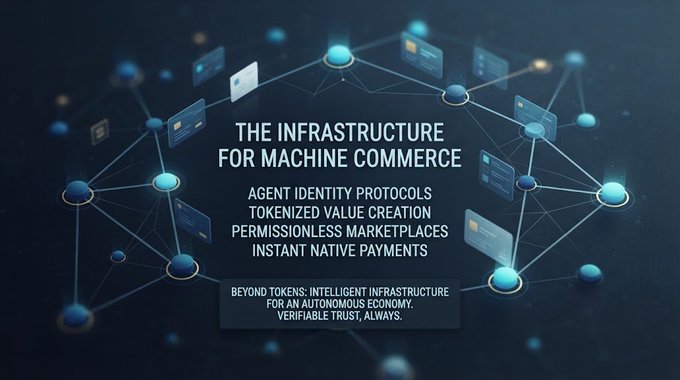 A graphic titled 'THE INFRASTRUCTURE FOR MACHINE COMMERCE' listing features like 'AGENT IDENTITY PROTOCOLS' and 'INSTANT NATIVE PAYMENTS', with the tagline 'BEYOND TOKENS: INTELLIGENT INFRASTRUCTURE FOR AN AUTONOMOUS ECONOMY. VERIFIABLE TRUST, ALWAYS.'