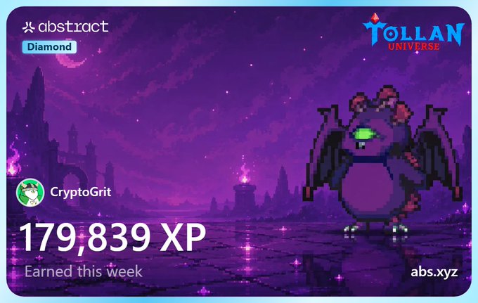 Abstract Diamond XP earned card for CryptoGrit on Tolllan Universe, showing 179,839 XP earned this week with a pixel art creature.