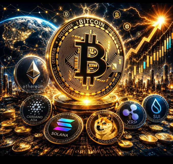 A vibrant cryptocurrency collage featuring Bitcoin (BTC) prominently in the center, surrounded by other major cryptocurrencies including Ethereum (ETH), Cardano (ADA), Solana (SOL), XRP, SUI, and Dogecoin, set against a backdrop of Earth, lightning, and an upward price chart.
