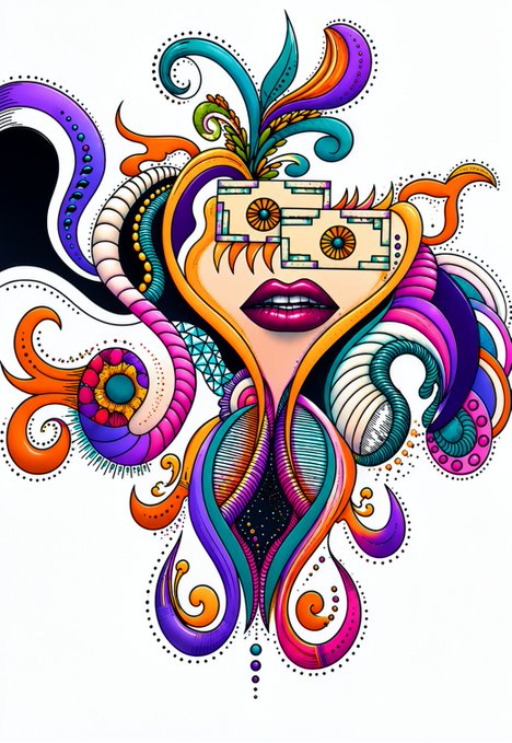 A vibrant, psychedelic illustration of a face with pink lips and patterned sunglasses, surrounded by colorful swirling tentacles, spirals, and flowing shapes in orange, purple, pink, and teal.