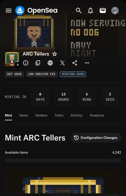An OpenSea mobile screenshot for a collection called 'ARC Tellers', described as 'NOW SERVING NO. 006 NAVY NIGHT', scheduled to mint in 0 days, 13 hours, 5 minutes, and 2 seconds, with 4,242 available items.
