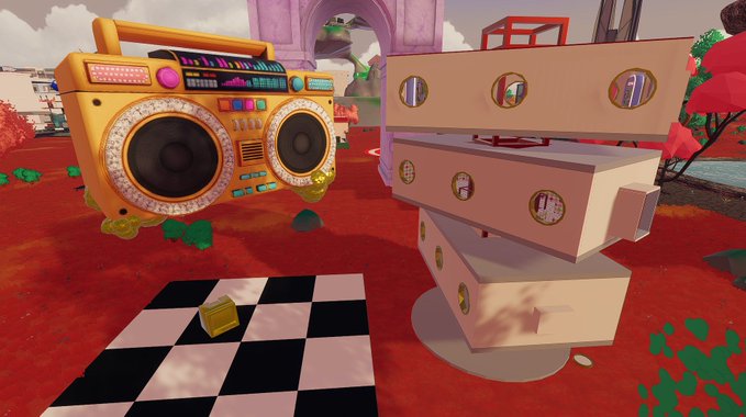 A 3D-rendered virtual scene featuring a yellow glittery boombox, a checkered floor, and a stack of white blocks with circular cutouts on red terrain.