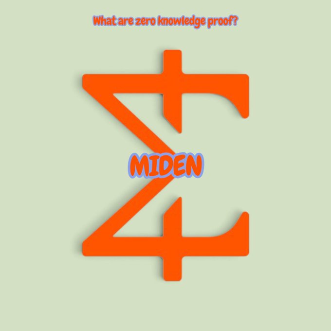 A graphic with a light green background displays the text 'What are zero knowledge proof?' at the top, with the word 'MIDEN' overlaid in blue on a large orange symbol resembling a mirrored 'Z' or stylized letter.