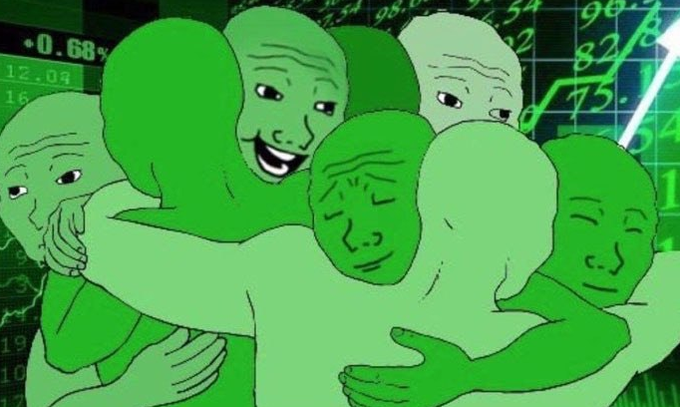 A meme depicting the 'Wojak' or 'Feels Guy' characters in green, hugging each other in a group, set against a background of green stock market charts and numbers.