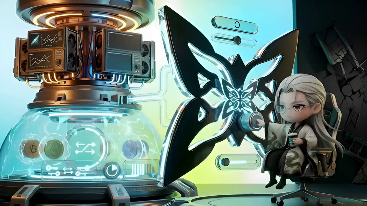 The image features an anime character with long blonde hair sitting at a desk surrounded by various electronic equipment. The character appears to be engaged in some sort of activity or conversation related to web3, quantum computing, or both. In the background, there is a large machine that resembles a fusion reactor and another smaller one resembling a butterfly-like structure. These machines are likely part of a complex network designed for quantum computing or web3 applications. The image also contains text that reads "Quantum computing meets Web3 sounds like a sci-fi buzzword bingo, right? But @quipnetwork has built something truly practical: a dual-layer network that combines Nakamoto consensus, where miners solve real optimization problems instead of useless hashes".
