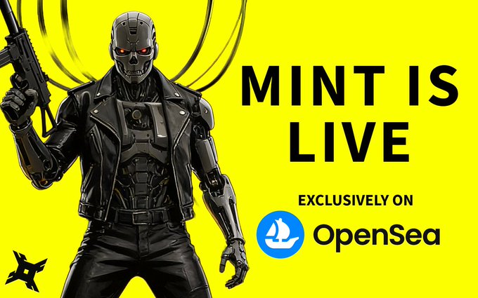 The image features a man dressed as a robot, holding a gun and standing against a yellow background with black text that reads "Mint Is Live" and "Gh0sts, your time has come. Mint is now live on @opensea for GTD wallets. FCFS begins in 1h30. Are you ready to cross the veil?". The man's costume and the gun suggest he might be a character from a video game or an action movie franchise. The post seems to promote a new video game or gaming event, as it is related to Mint Is Live.