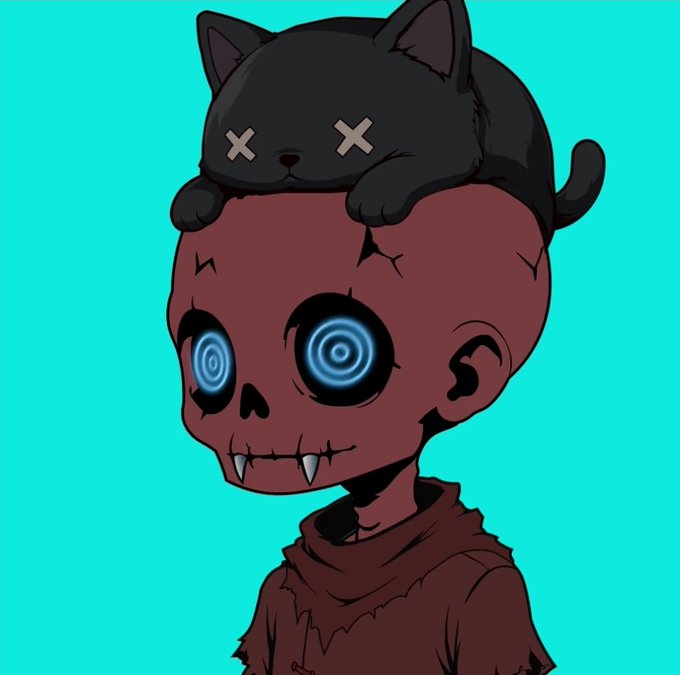 A cartoon illustration shows a red zombie-like character with hypnotic spiral eyes, fangs, and a small dead black cat with X-shaped eyes resting on its head.