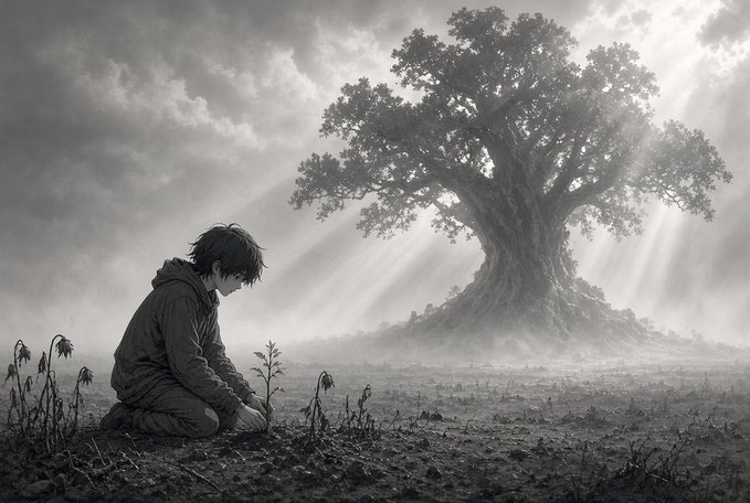 A black and white illustration of a young boy kneeling and planting a small sapling in a barren field, with a large majestic tree illuminated by rays of light in the background.