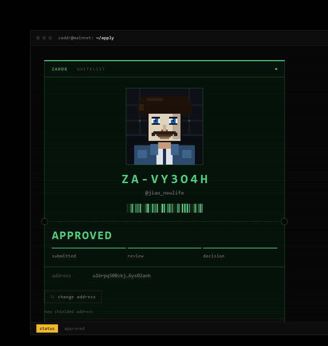 A 'ZADOR WHITELIST' application approval screen displaying the username 'ZA-VY304H' (@jiao_newlife) with an 'APPROVED' status.