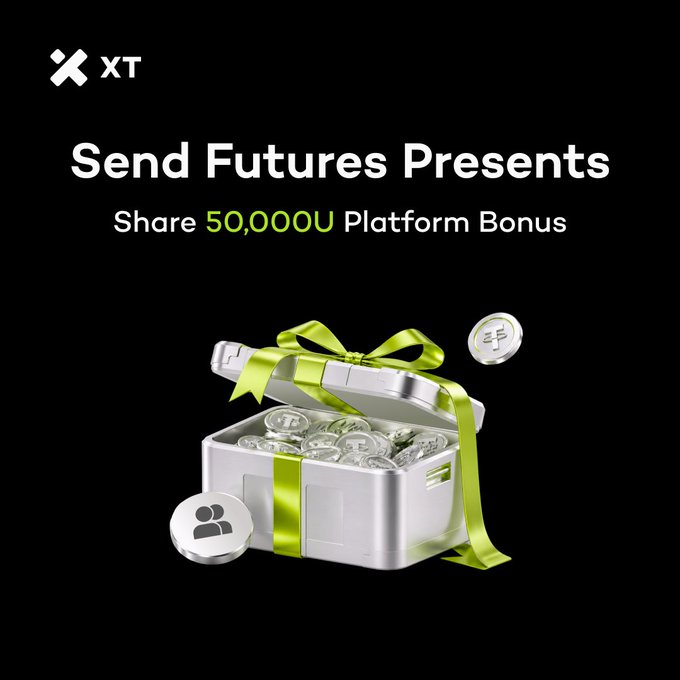 XT crypto exchange promotional banner reading 'Send Futures Presents' and 'Share 50,000U Platform Bonus' with an image of an open gift box filled with USDC coins tied with a green ribbon.