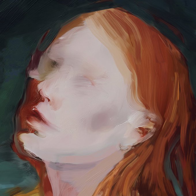 An abstract oil painting of a face with closed eyes, featuring bold brushstrokes in shades of white, red, and green.
