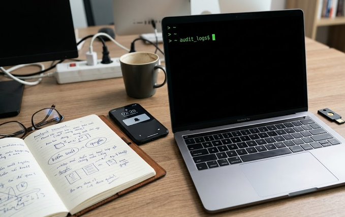 A workspace with a MacBook Air displaying a terminal command 'audit_logs', a smartphone showing the time 02:23, a coffee mug, reading glasses, and an open notebook with handwritten notes and diagrams.
