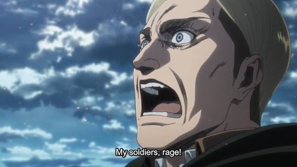 A blonde man with an intense, wide-eyed expression shouts "My soldiers, rage!" against a cloudy sky, invoking the iconic rallying cry from Attack on Titan. The image captures the fierce determination and defiant spirit echoed in the post's message about $CATE holders refusing to buckle under bearish market conditions.