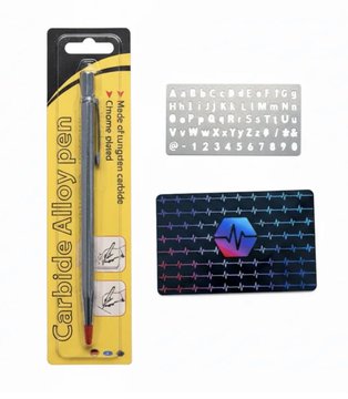 A Carbide Alloy pen with multiple tungsten carbide scriber refills packaged in yellow blister packaging, shown alongside a metal letter/number stencil template and a dark patterned card.