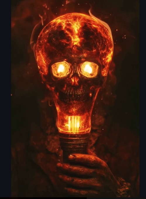 A dark fantasy artwork depicts a hand holding a metallic torch topped with a glowing, flaming skull, with molten lava-like patterns spreading across its surface and bright light emanating from its eye sockets and mouth.
