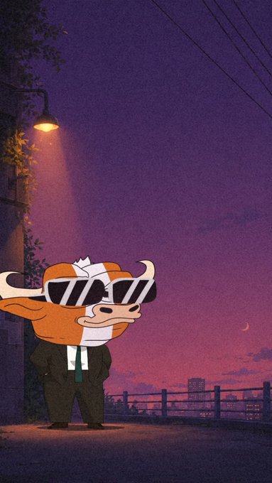 An illustration of a cartoon bull character wearing sunglasses and a suit, standing under a streetlamp against a purple sunset cityscape with a crescent moon.