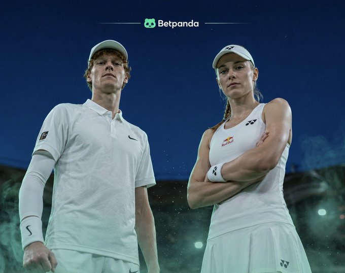 A promotional image featuring tennis players Jannik Sinner and Elena Rybakina in white tennis attire, with a 'Betpanda' logo at the top.