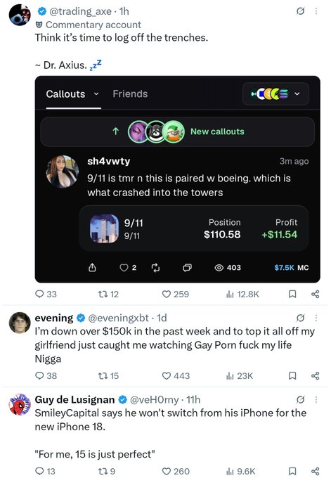 A social media feed screenshot featuring tweets from @trading_axe about logging off, a trading callout post by 'sh4vwty' mentioning 9/11 and Boeing with a profit of $11.54, a tweet by @eveningxbt about losing $150k and personal issues, and a tweet by Guy de Lusignan quoting SmileyCapital about the iPhone 15.