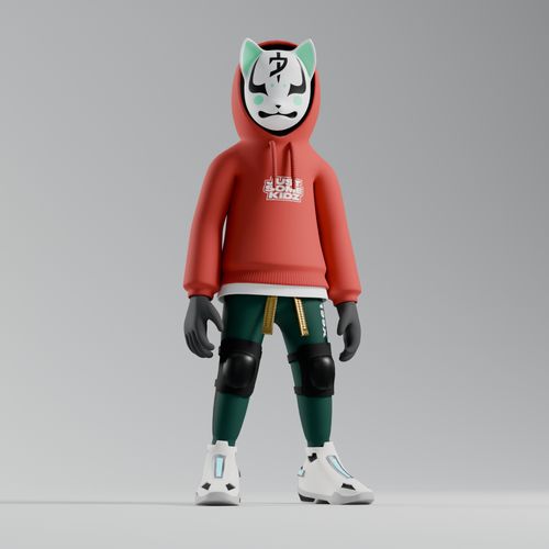 3D render of a stylized character wearing a red hoodie, a kitsune-style fox mask with green ears, dark green pants with knee pads, and white futuristic sneakers against a gray background.