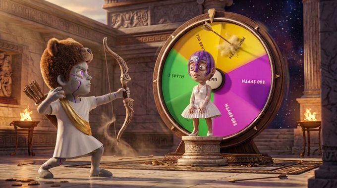 AI-generated 3D scene depicting two child-like figures in Greek/Roman temple setting with a colorful prize wheel, one holding a bow with arrows and the other standing behind the wheel.