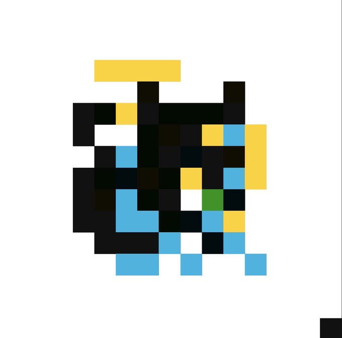 A pixel art image made of black, blue, yellow, and white square blocks forming an abstract shape or character on a white background.