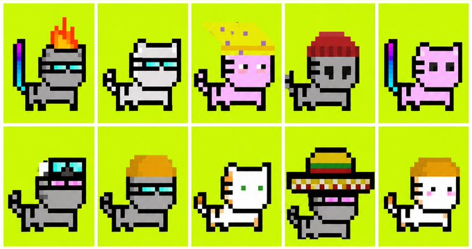 A grid of 10 pixel art cat sprites on lime green backgrounds, featuring various designs and accessories like hats, swords, and glasses.
