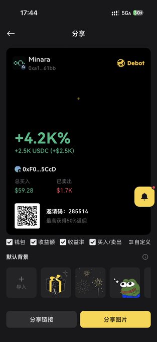 A mobile app screen showing a crypto profit-sharing profile for 'Minara' with +4.2K% earnings, displaying a QR code for referral and options to share the link or image.