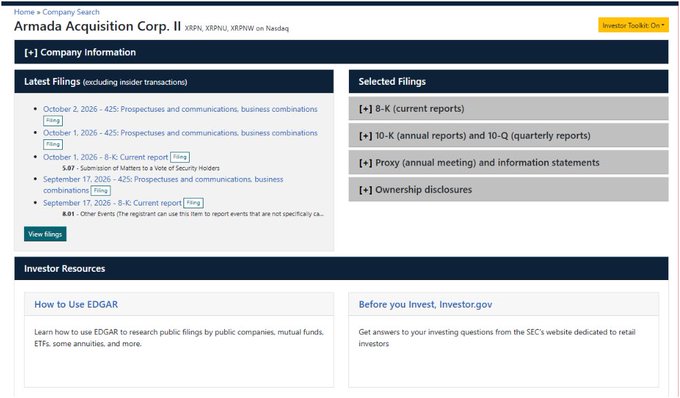 The image shows the SEC EDGAR Company Search page for Armada Acquisition Corp. II (tickers XRXN, XRXNU, XRXNW on Nasdaq), displaying recent filings including 8-Ks dated October 1 and 2, 2026 related to prospectuses, business combinations, and a vote of security holders. This filing supports the post's claim that Evernorth has officially filed with the SEC in connection with its expected October 8 Nasdaq listing and the addition of ~473M XRP to Evernorth's balance sheet.