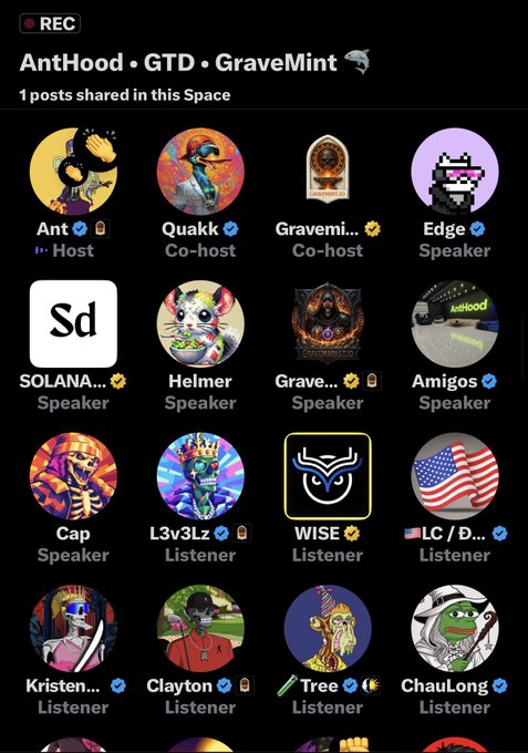 A screenshot of an X (Twitter) Space titled 'AntHood • GTD • GraveMint' shows a grid of participants with roles such as Host, Co-host, Speaker, and Listener.