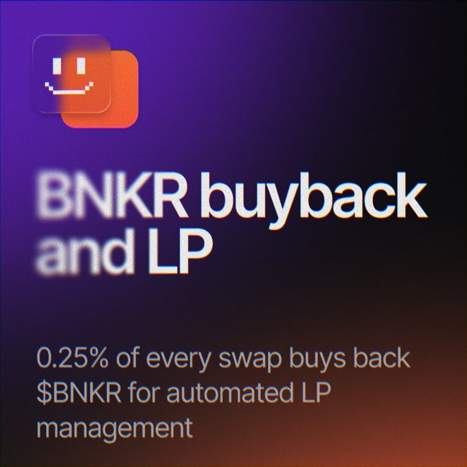 A promotional graphic with a smiley face logo announcing "BNKR buyback and LP," stating that "0.25% of every swap buys back $BNKR for automated LP management." The image visually reinforces the post's message about the new token swap mechanism that allocates a quarter percent toward buying back and providing liquidity for $BNKR.