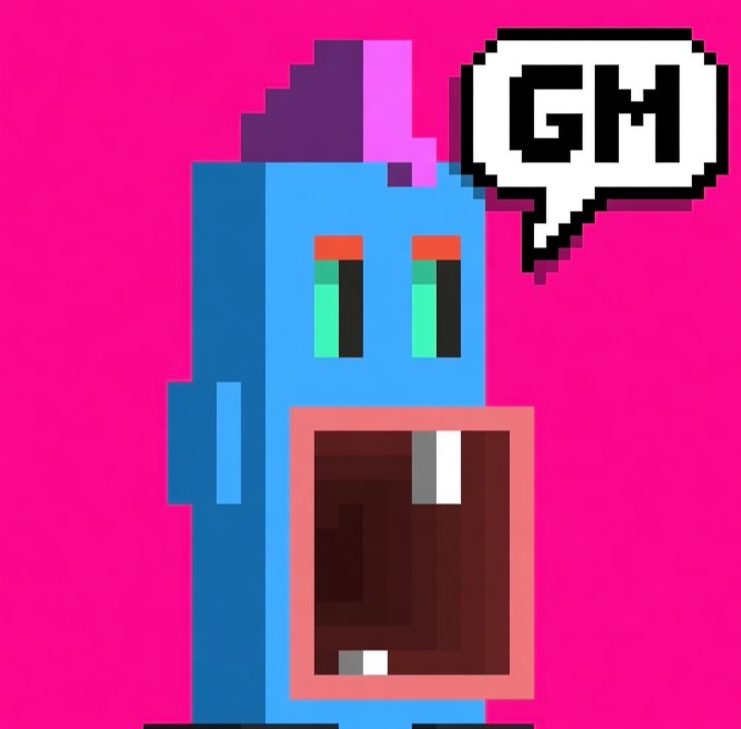 A pixel art image of a blue character with pink and purple hair on a bright pink background, featuring a speech bubble that says 'GM' (Good Morning).