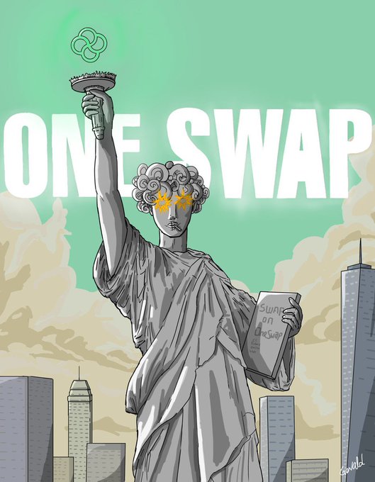 Illustration of a Statue of Liberty-like figure holding a torch above a cityscape with text 'ONE SWAP' and 'Swap on OneSwap' on the tablet.