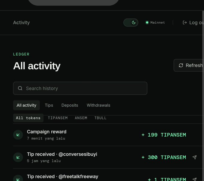 A Ledger activity dashboard displays "All activity" on the Mainnet, showing recent TIPANSEM transactions including a +199 TIPANSEM Campaign reward from 7 minutes ago, a +300 TIPANSEM tip received from @conversesibuyi, and a +1 TIPANSEM tip from @freetalkfreeway—visually confirming the user's celebration of their first successful campaign tip on ansem.tips.