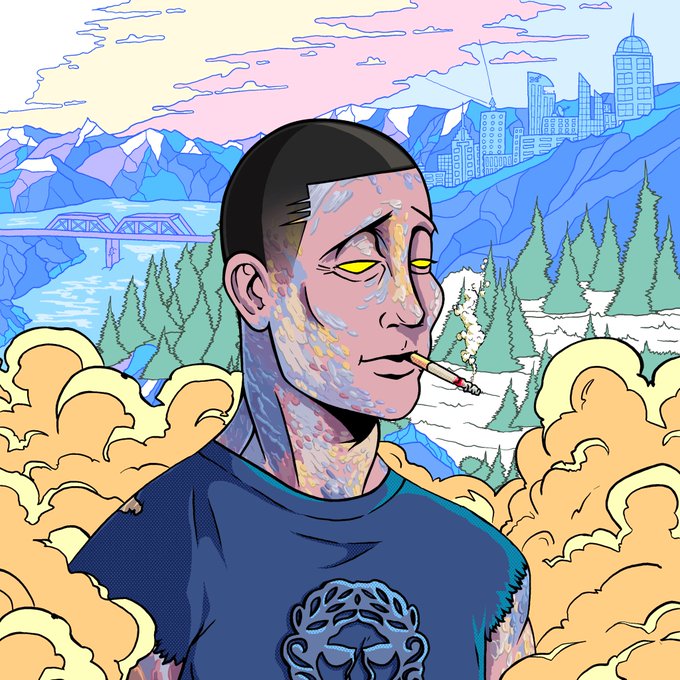 A digital illustration of a tattooed man smoking a cigarette with yellow eyes, set against a pastel-colored landscape featuring mountains, a city, and pine trees.